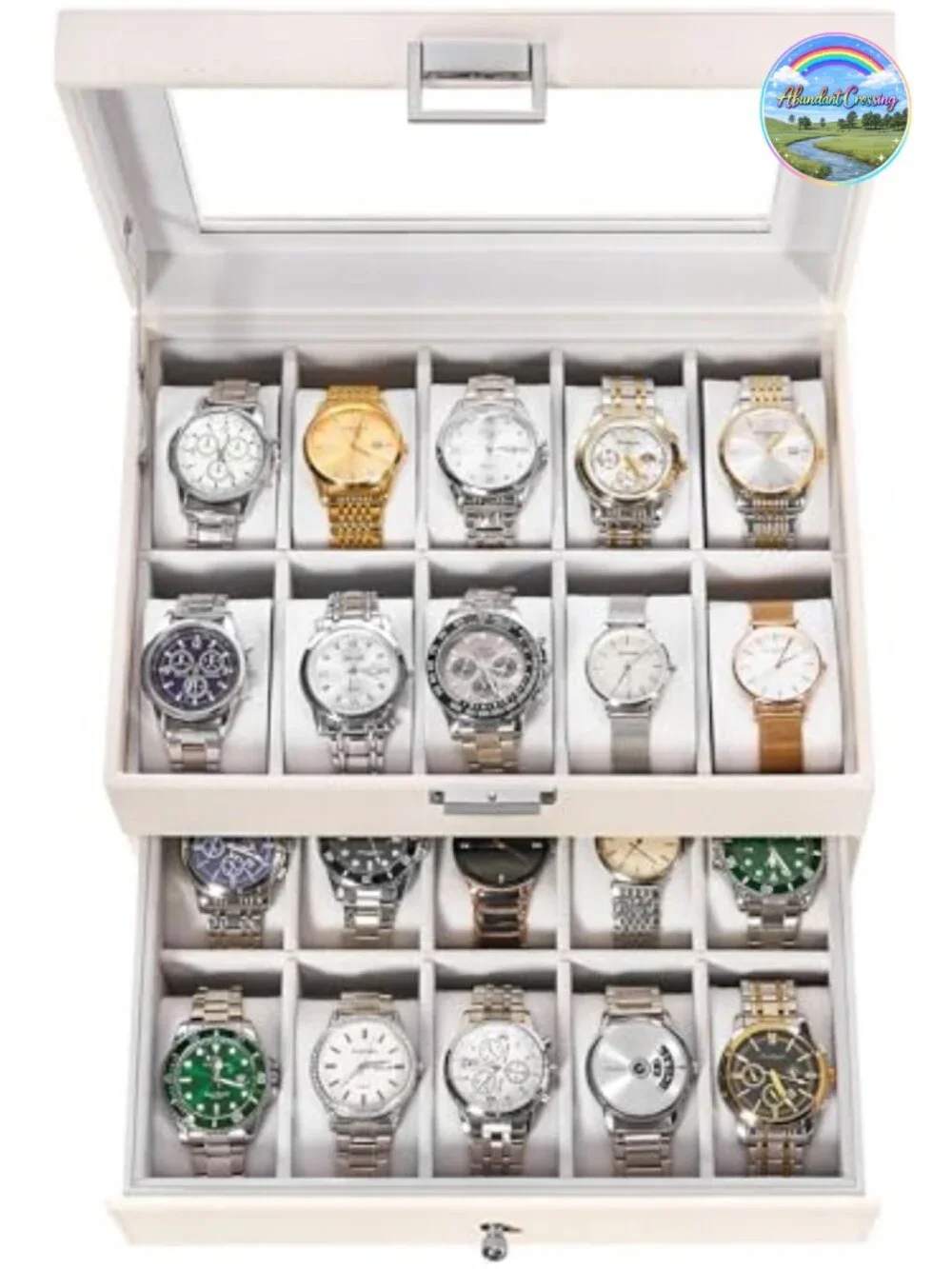 20-Slot Watch Box with Glass Lid, Synthetic Leather, Velvet Lining, Watch
